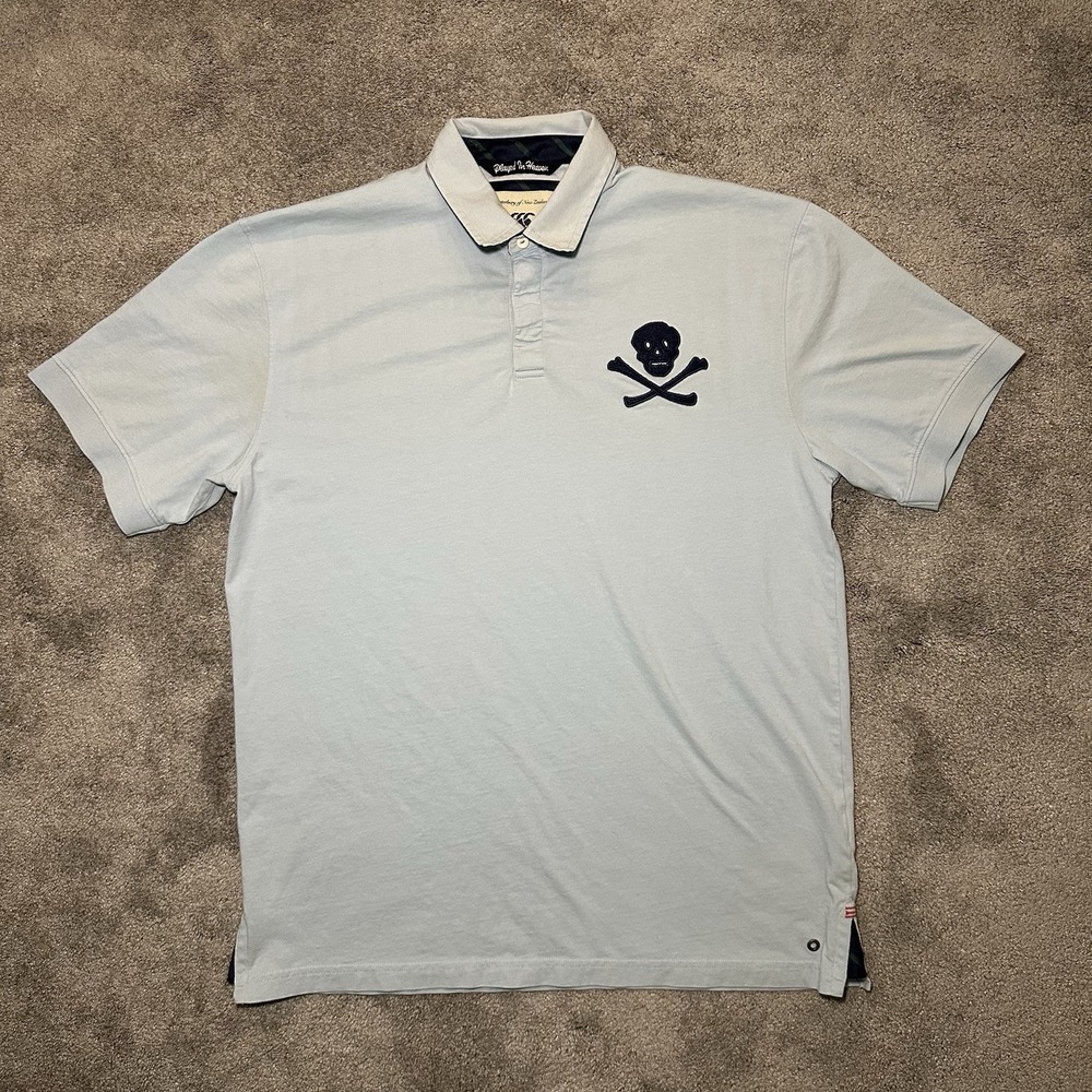 Canterbury of New Zealand Rugby Polo Shirt Mens XL Blue Skull Crossbones